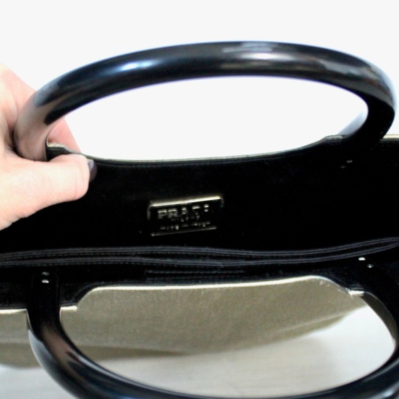 Vintage Late 1990s Prada Taupe Satin Handbag with Black Composite Handles - Picture 9 of 11
